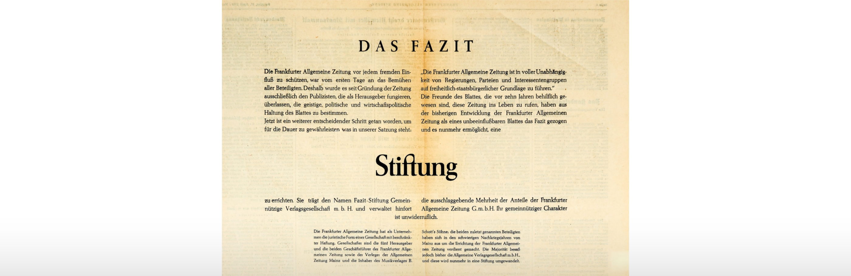 Faksimile der Ausgabe der Frakfurter Allgemeinen Zeitung mit dem Hinweis auf die Gründung der FAZIT-Stiftung 1959.